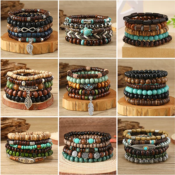 Cross-Border Hot-Selling Retro Men's Handmade Beaded Bracelet Set Multi-Layered Coconut Shell Bracelet Jewelry DIY Hand Jewelry