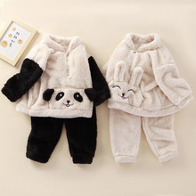 新款秋冬儿童熊猫卡通保暖睡衣宝宝可爱小熊小兔法兰绒家居服套装