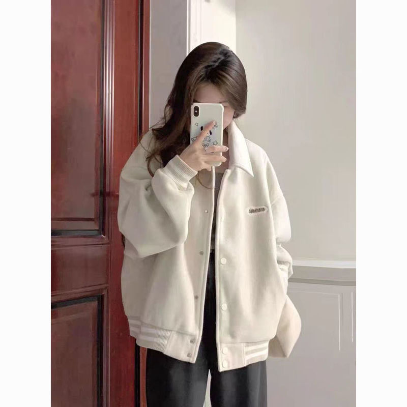 2025年秋冬季加绒棒球服外套女慵懒风小个子学生字母刺绣宽松夹克|undefined