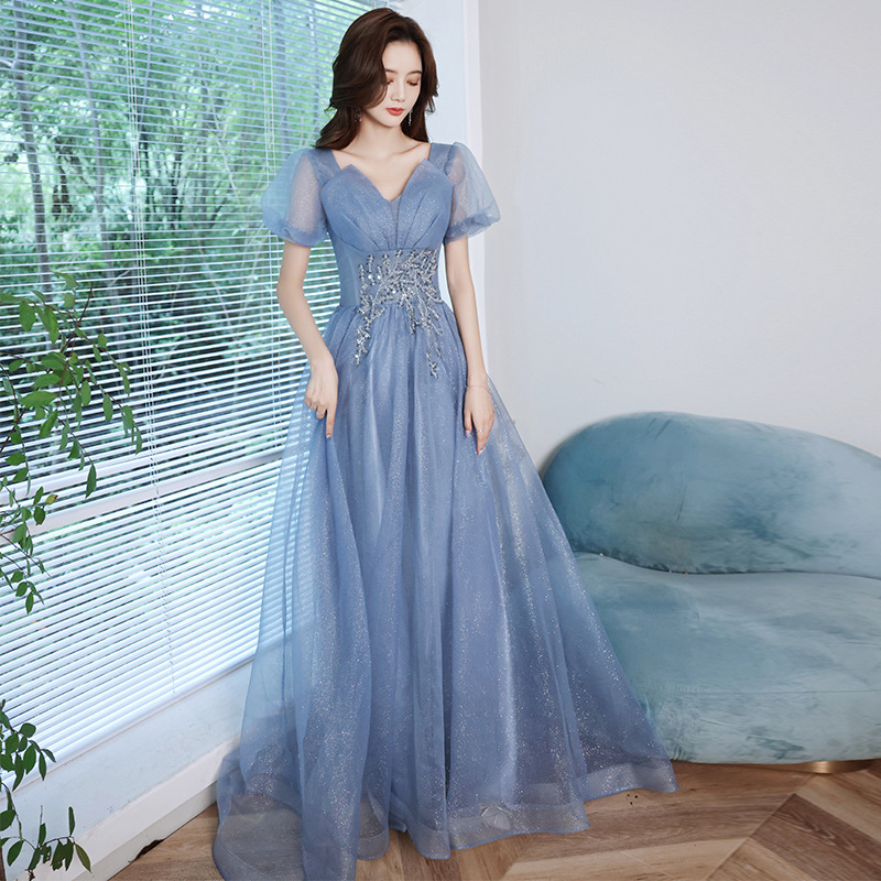Blue Evening Dress for Women 2025 New Style French Long Annual Meeting Host Dress