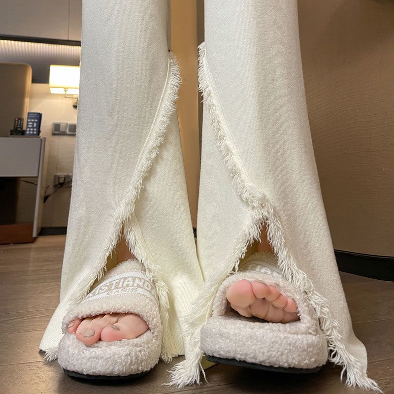 Thick Knitted Pants for Women, Autumn and Winter, Petite Soft Waxy Pants, Tassel Slit, High Waist, Slimming and Drapey Flared Pants