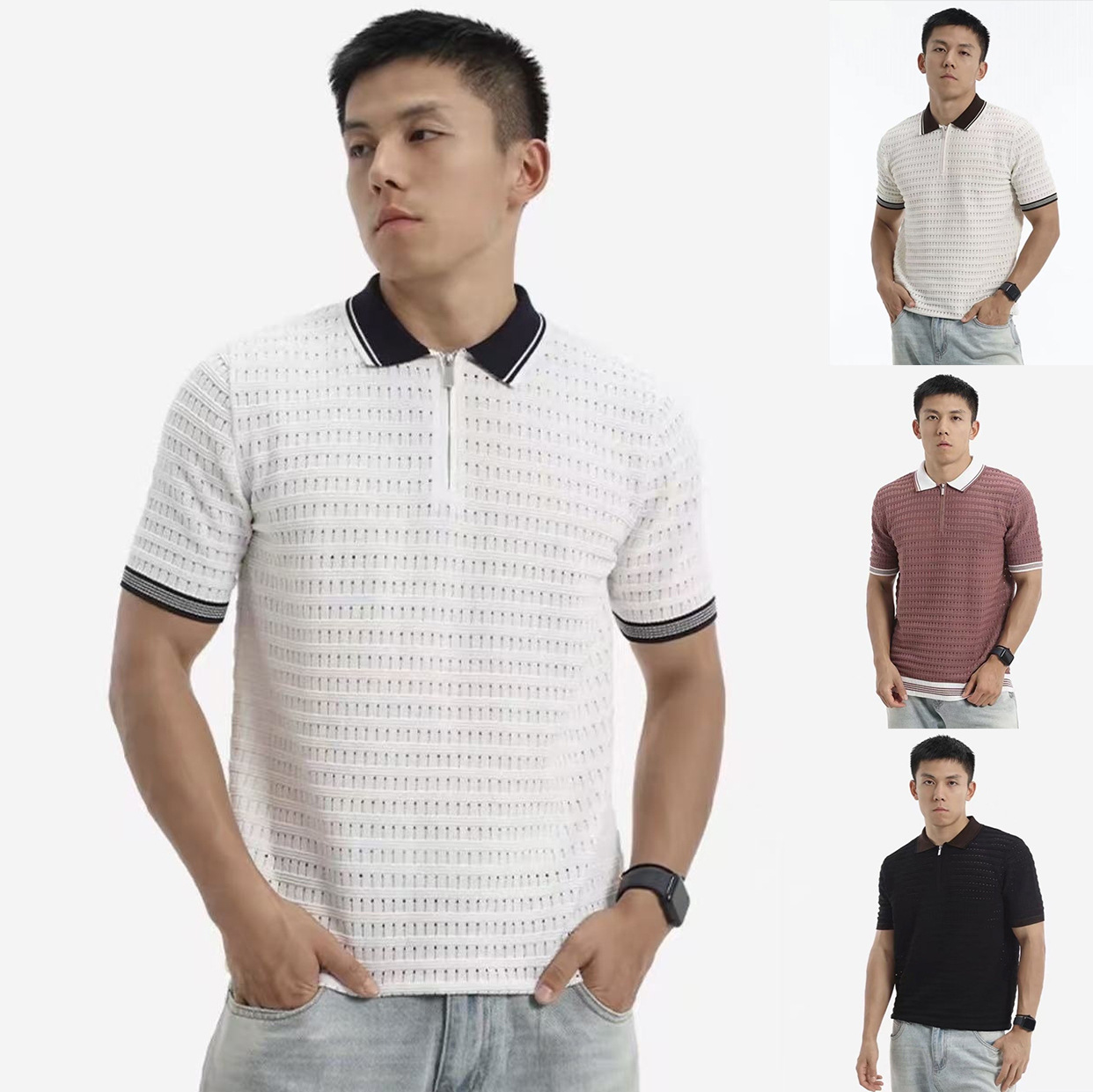 Camisas de polo de manga corta de estilo antiguo, camisetas de textura hueca para hombres, camisetas de verano al por mayor.