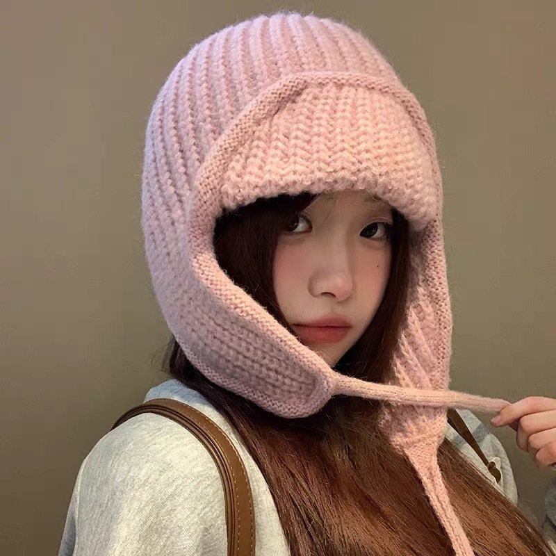 日系可爱新粉色护耳针织毛线帽子女生冬季显脸小保暖护耳雷锋帽|undefined