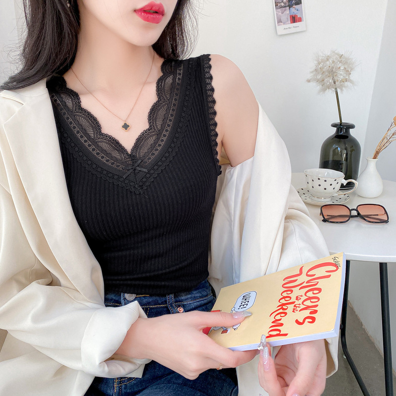 Sling Heart Women's Summer Sweet Lace V-neck Stitching Wide Shoulder New All-match Slim-fit Sleeveless Top Base Shirt