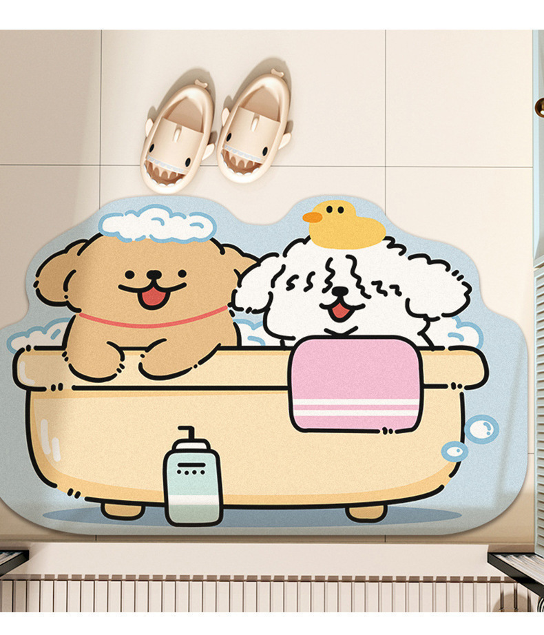 Cute Line Puppy Bath Bathroom Floor Mat Bathroom Toilet Door Non-Slip Quick-Drying Foot Mat Floor Cover-Up Mat