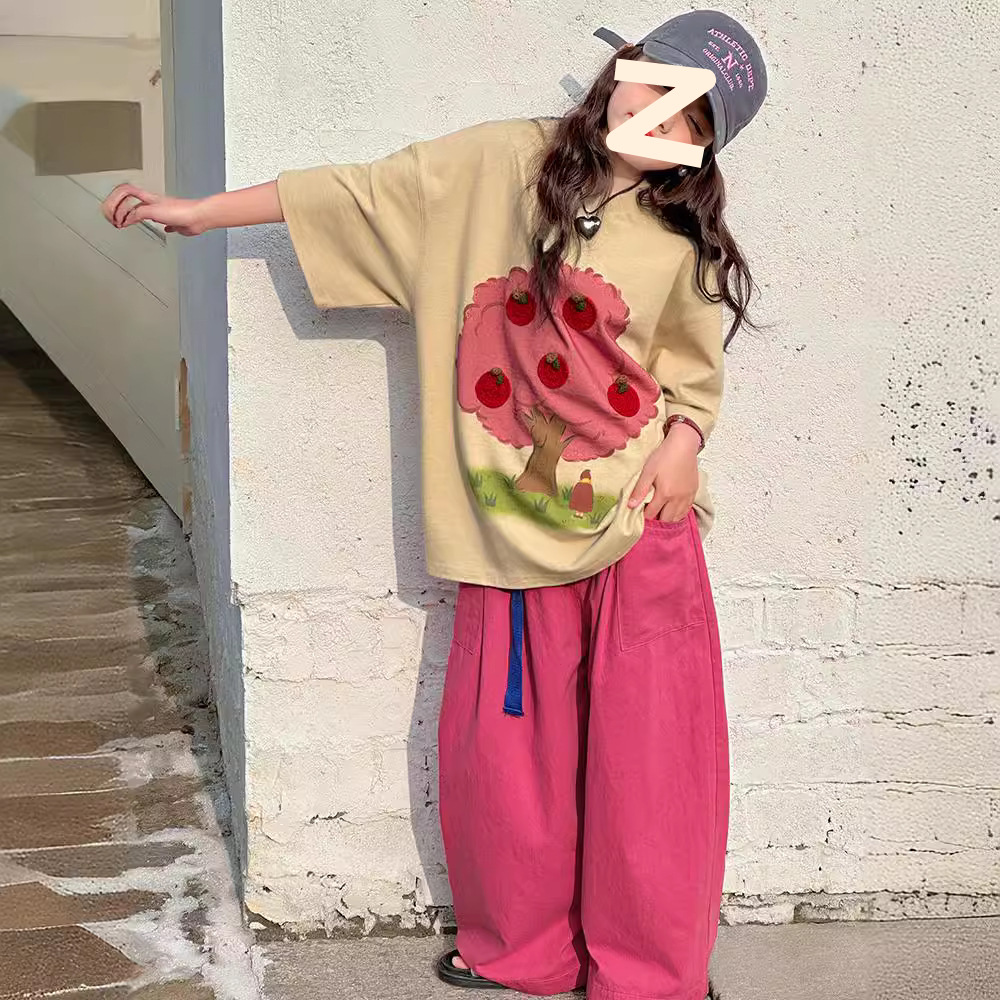 Girls summer loose cartoon suit 2024 new large children's short sleeve T-shirt Harlan pants Korean two-piece fashion