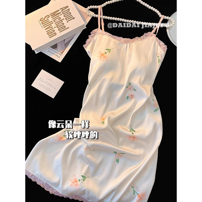 Verano seda imitación vestido de dormir vestido de mujer dulce flor encantadora textura simple de alta calidad vestido de dormir vestido de cabello