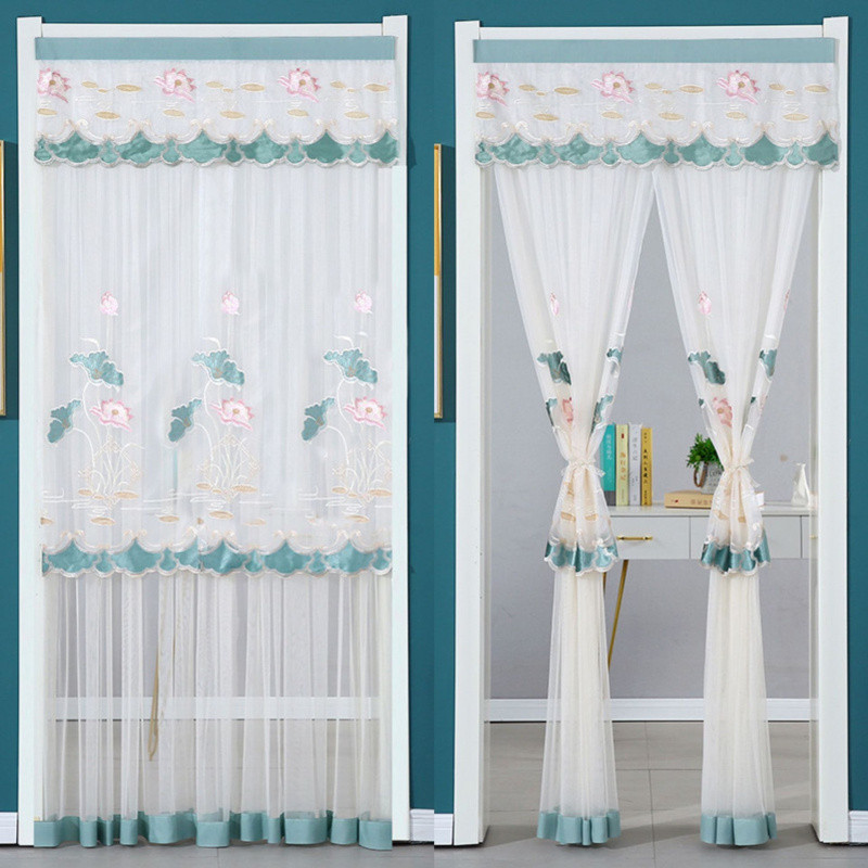 Door Curtain Lace Gauze Curtain Summer Bedroom Kitchen Blocking Partition Curtain Anti-Mosquito Door Curtain Household Fabric Screen Door Without Punching
