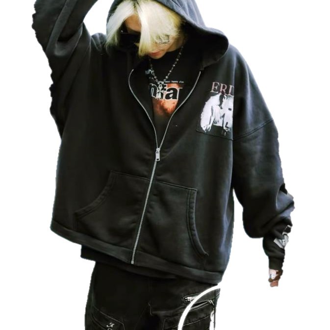 Sweat à capuche unisexe décontracté, style vintage, avec fermeture éclair et écusson imprimé_voghion.com