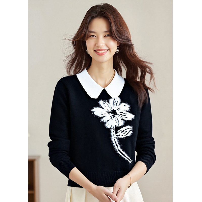 Fake Two-Piece Polo Long-Sleeved Sheep Wool Knitwear for Women 2025 Autumn and Winter New Design Flower Fashion Top