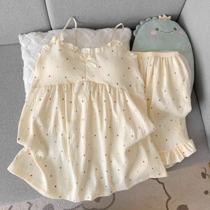 Venta al por mayor transfronteriza de algodón de nube de verano de gran tamaño gordos MM pijamas de cabestrillo para mujer con almohadilla para el pecho de dos piezas
