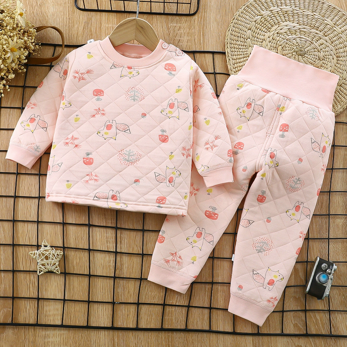 Children's keep warm set, cardigan, umbilical bandage, thermal underwear, increased thickness, high waist