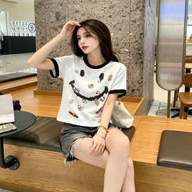 深圳南油欧货卡通印花撞色短袖T恤女夏新款宽松显瘦休闲套装