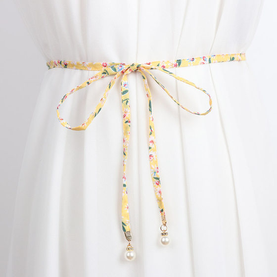 Small Floral Cloth Thin Belt Women's Dress Fashionable All-match Decorative Waist Chain Knot Waist Rope Pendant Rope