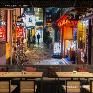 3d立体日本街景夜景墙纸日式料理餐厅寿司店居酒屋背景墙贴画壁纸