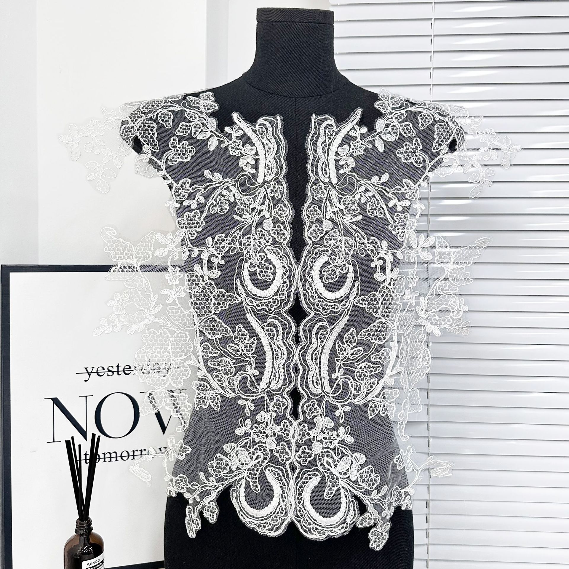 Hermosa camisa sin mangas de encaje blanco con un vestido de bordado pesado de moda accesorios de ropa versátil.