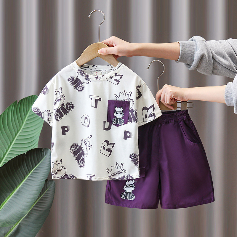 7173 Traje de verano para niños 2025 Nuevo estilo estilo occidental Camiseta estampada de manga corta Traje delgado de moda de dos piezas