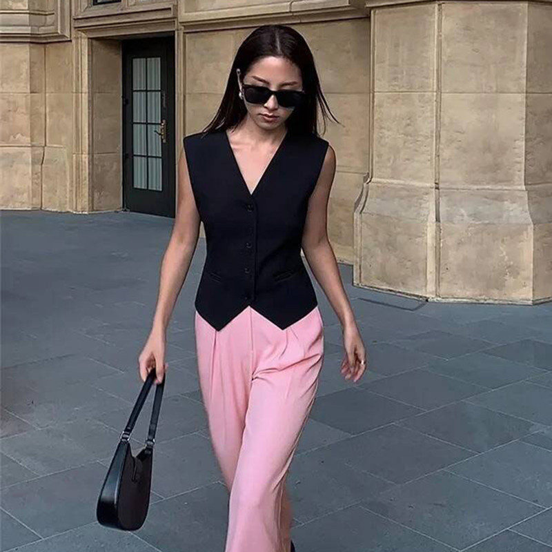 25 Years Black V-Neck Suit Waistcoat Women's Summer New Retro Stacked Cardigan Vest Sleeveless Elegant Top