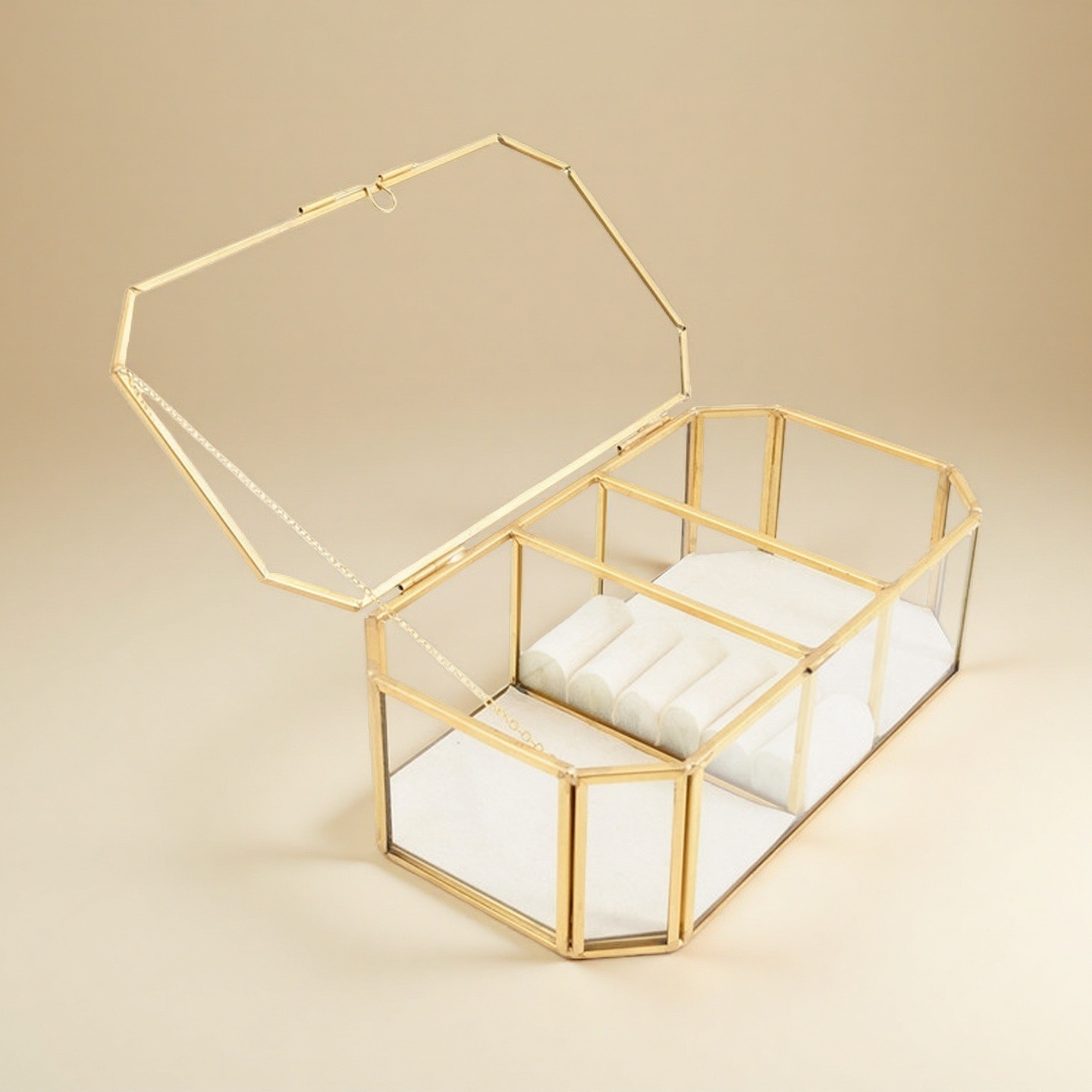 Caja de almacenamiento de joyas de vidrio con borde de cobre dorado hexagonal simple y exquisito, caja de regalo, caja de almacenamiento para el hogar, caja de almacenamiento de perlas