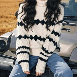 黑白撞色高领针织打底衫2024冬季新款高级感小个子内搭套头毛衣女