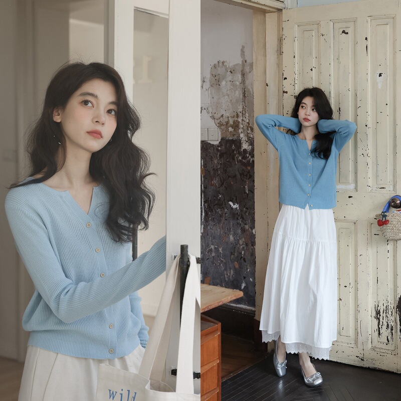 Hai De Fu Diao/ Slimming Vertical Striped Thin Long-Sleeve Knit Cardigan for Women, Autumn Blue Short Top Coat for Petite Women