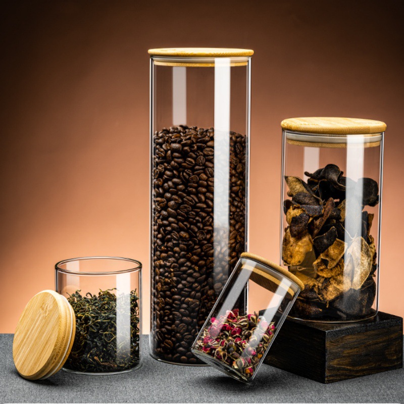 高硼硅竹盖直筒收纳罐咖啡豆杂粮干果透明储物罐玻璃茶叶储物罐