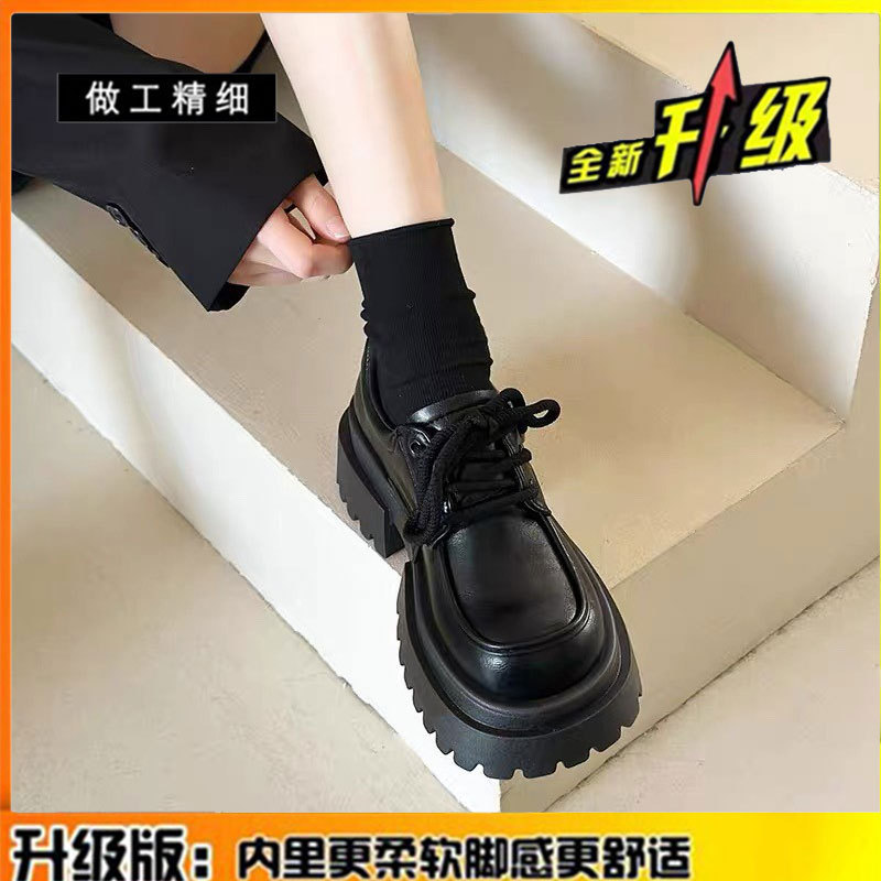 牛皮版~厚底真皮小皮鞋女英伦风复古增高松糕鞋粗跟乐福单鞋女鞋|undefined