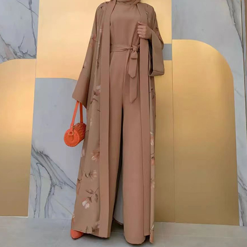 M2261 Amazon Cross-border Middle East Hot New Flower Long Coat Fashionable Elegant Women's Two-piece Suit