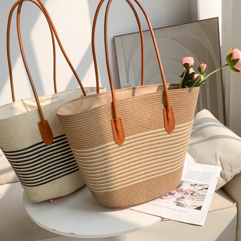 New Summer Striped Single Shoulder Commuting Straw Woven Bag, New Large Capacity Casual And Fashionable Women's Beach Tote Bag_voghion.com