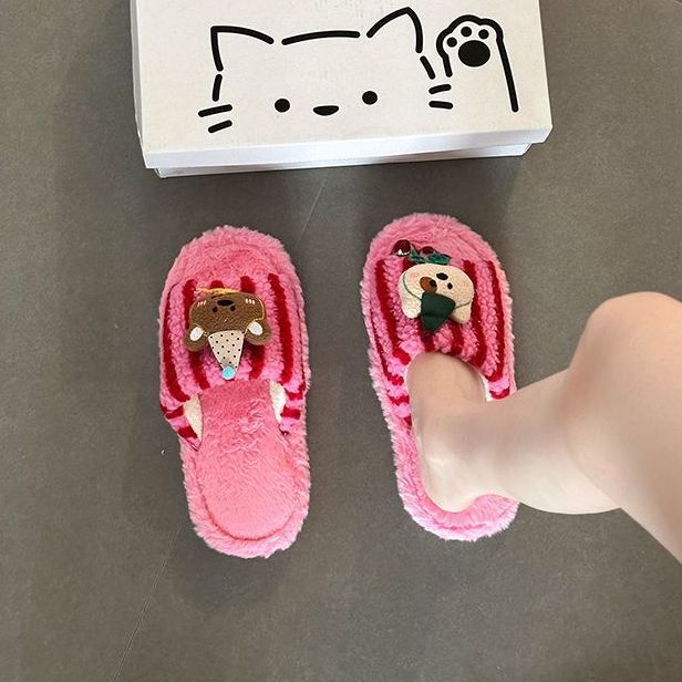 Moda versátil estilo retro lindas zapatillas de pelo de oso damas 2026 otoño y invierno nuevas zapatillas de algodón de peluche a rayas image 6