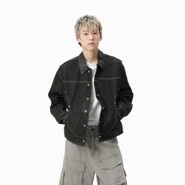 MTLCLOTHES男装|翻领拼接休闲短款辑明线宽松时髦百搭牛仔外套潮