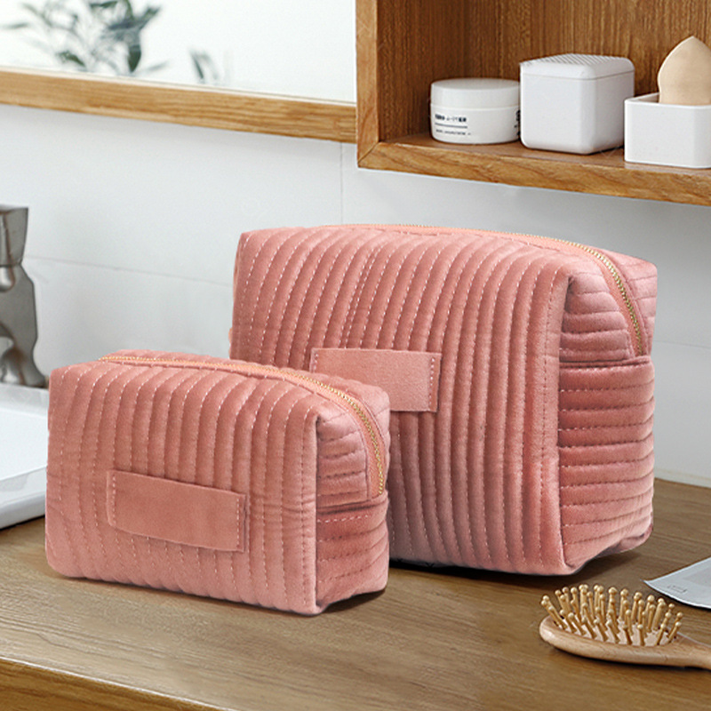 Cross-border Velvet Cosmetic Bag Quilted Lisi Velvet Portable Fleece Vertical Strip Clutch Simple Carry-on Change Storage Bag