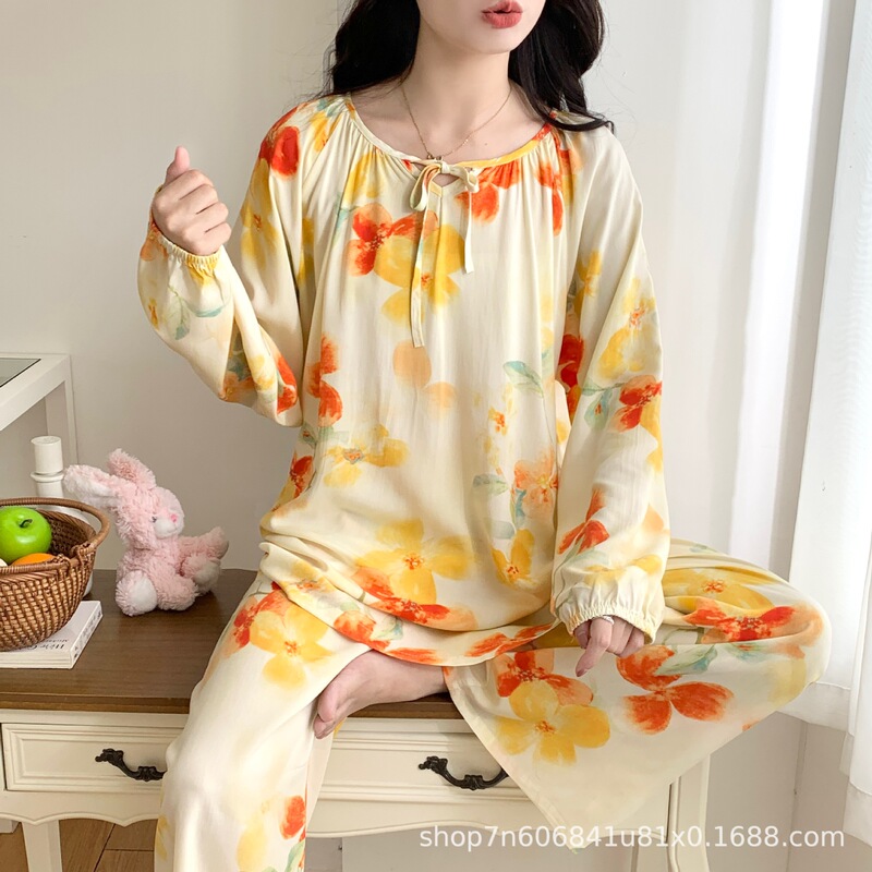 New Guofeng Cotton Silk Pajamas Women's Summer Loose Long-sleeved Air-conditioning Clothes Spring and Autumn Artificial Cotton Sweet Home Clothes suit