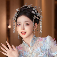 中式新娘秀禾头饰高级感金蓝色琉璃水晶发簪古典结婚龙凤褂发饰
