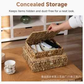 编织收纳盒带盖子柳条篮扁平柳条储物箱带盖子装饰储物盒