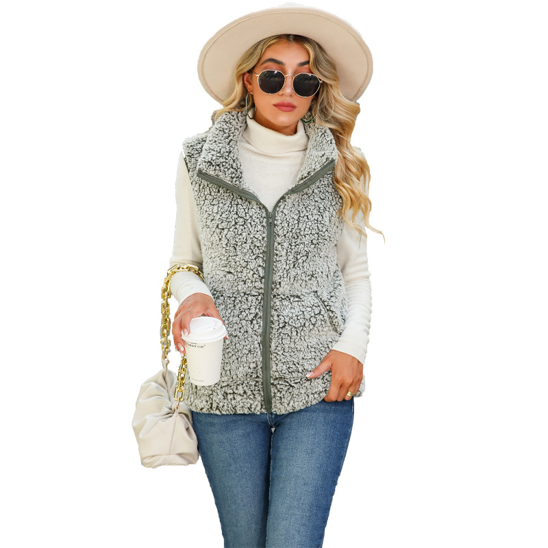 Flash terciopelo europeo y americano casual otoño mujer cuello redondo manga larga cremallera no planchado desvanecimiento tratamiento burbuja terciopelo Chaleco de mujer image 7