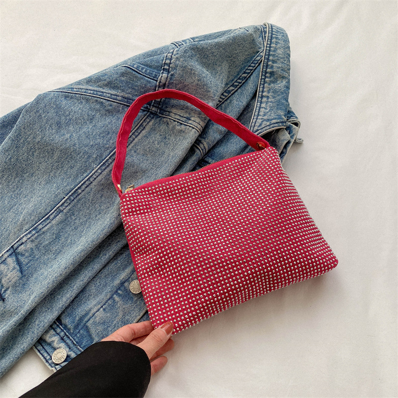 2024 nuevo bolso de cena de diamantes completos de diamantes calientes bolso de moda bolso de hombro con cremallera bolso de noche de color sólido de estilo occidental bolso de axila