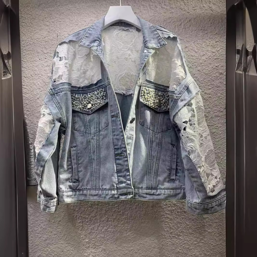Sheer Embroidered Denim Jacket – Oversized Cropped Style With Lace Trim & UV Protection (S-XL, Light Wash, Casual-Chic Layering Essential)_mkmklike.com