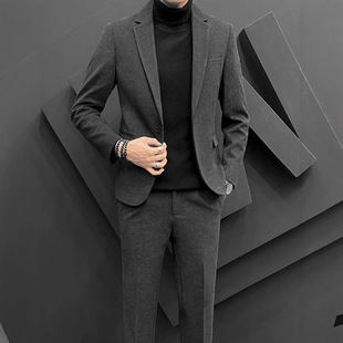 Casual Suit Set for Men, Thickened Slim-Fit Korean Style Trendy and Stylish Autumn and Winter Woolen Blazer Jacket