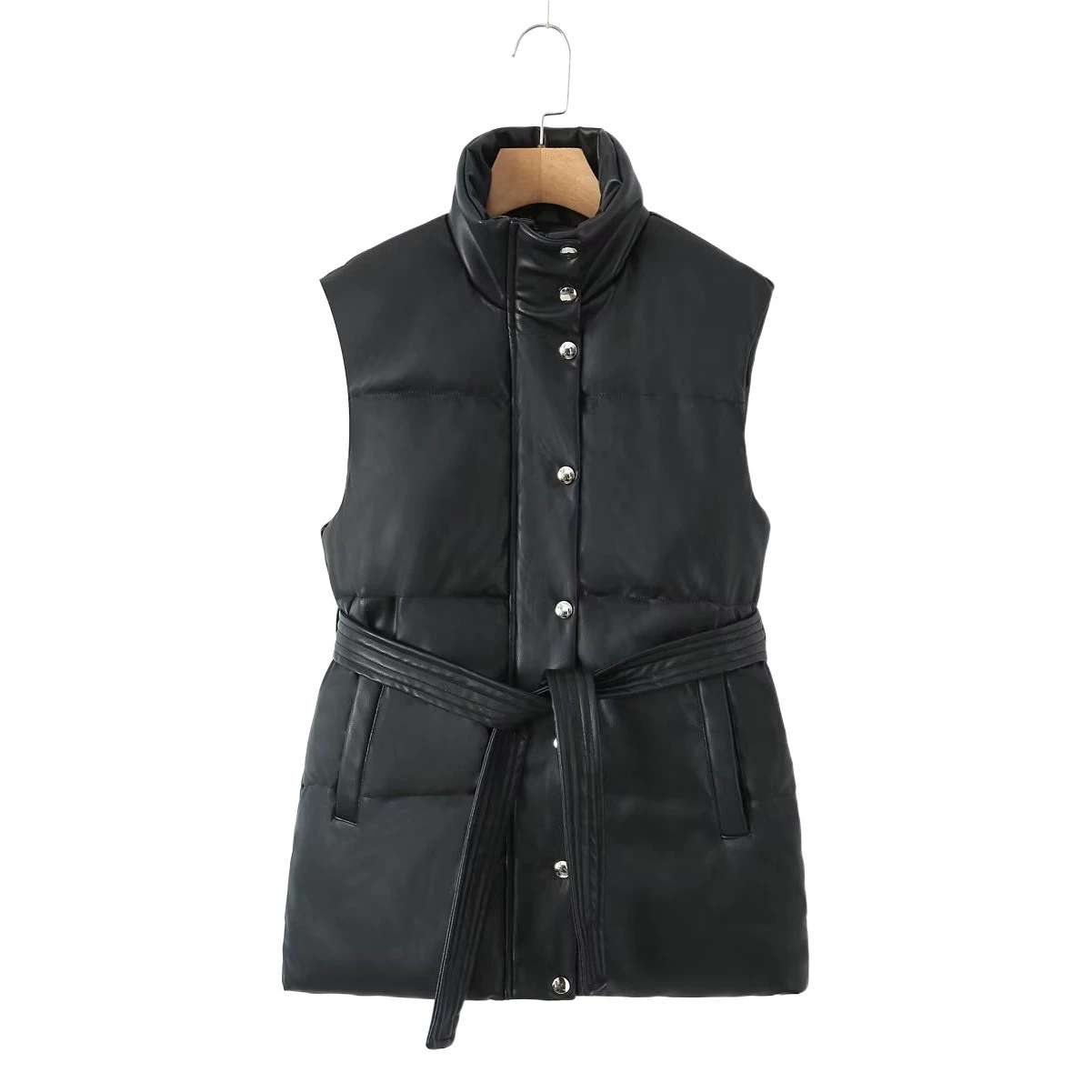 2023 Осенний новый европейский и американский трансграничный женский уличный пояс с воротником-стойкой из искусственной кожи с хлопковой подкладкой жилет W010 2320