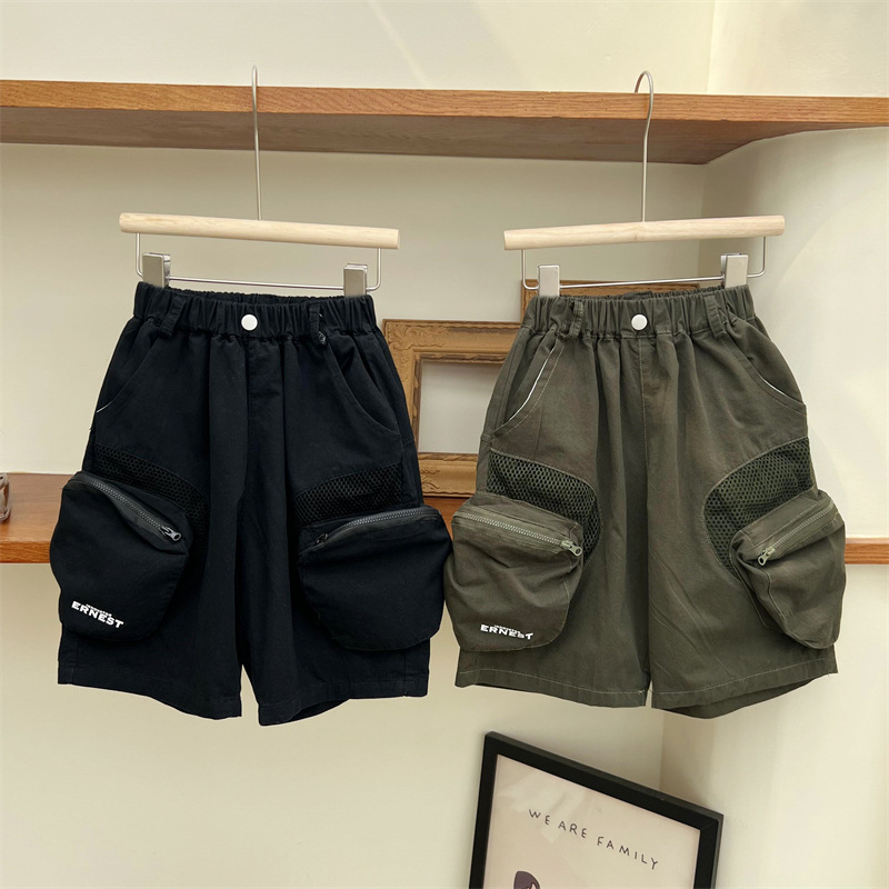 2024 Drenge Sommer Amerikanske Arbejdsshorts med Store Lommer til Børns Fritid Løse Vandvaskede Bomuldsbukser Over Knæ 5/4_voghion.com