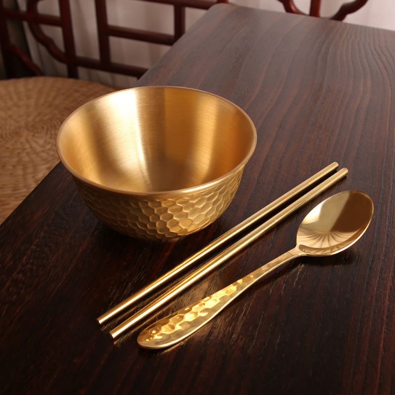 Pure Copper Thickened Bowl Chopsticks Spoon Fork suit Household Anti-scalding Brass Rice Bowl Crafts Wedding Gift Golden Rice Bowl Korean Style Pure Copper Thickened Bowl Chopsticks Spoon Fork suit Household Anti-scalding Brass Rice Bowl Crafts Wedding Gift Golden Rice Bowl Korean Style