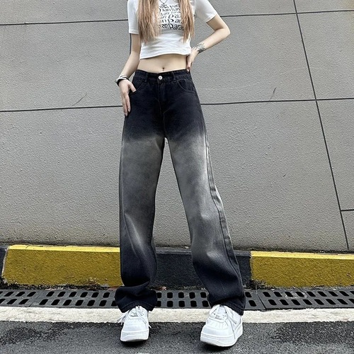 Black Gradient Wide-Leg Jeans for Women, High-Waisted, Slimming, 2025 Summer, Thin, Loose Straight Leg, Floor-Length, Draping