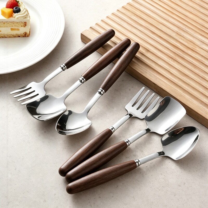 Wooden Handle Stainless Steel Shovel Fork Spoon Set for Home Use, Summer Watermelon Scoop, Rice Spoon Set, Retro Spoon