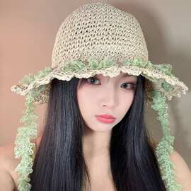 自留款！春夏季小清新绿色帽女草编渔夫帽夏季防晒太阳帽子