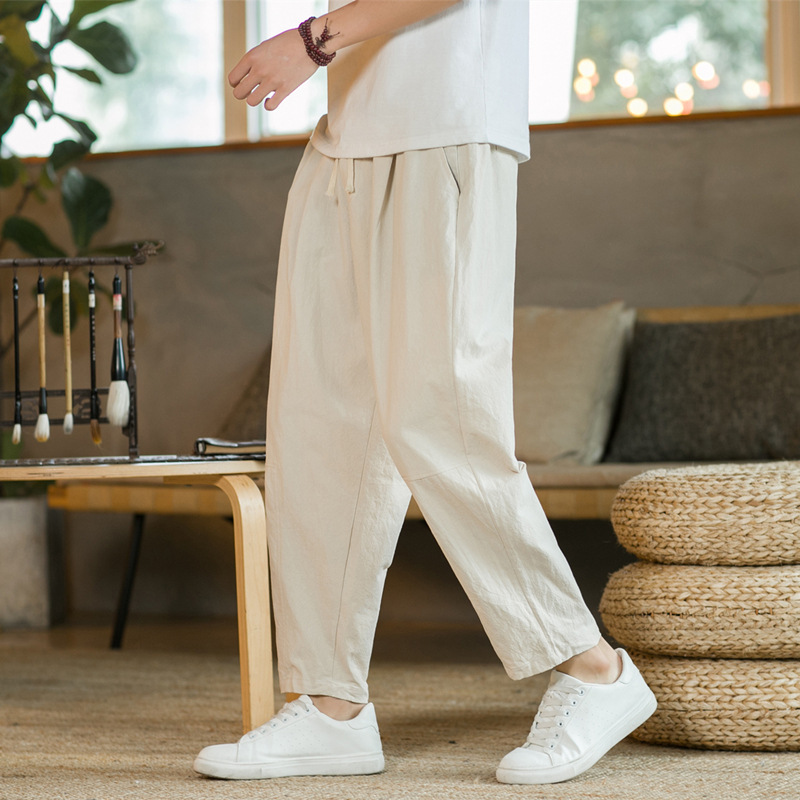 Summer Casual Pants for Men, Versatile Cotton and Linen Loose Linen Pants, Korean Style Trendy Nine-Point Pants, Straight Trousers