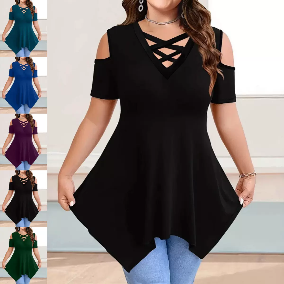 跨境货源 亚马逊速卖通爆款 V领领交叉带露肩短袖纯色T恤上衣女装