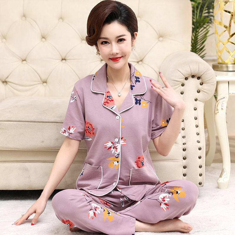 Pijama de algodón de verano Pantalones de manga corta para mujer de mediana edad traje de Rebeca de talla grande Delgado homewear