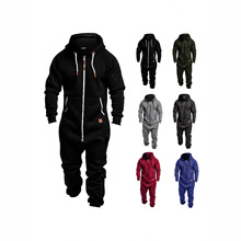 新款男士连帽连体卫衣套装 拉链连帽设计 一体成型休闲运动套装