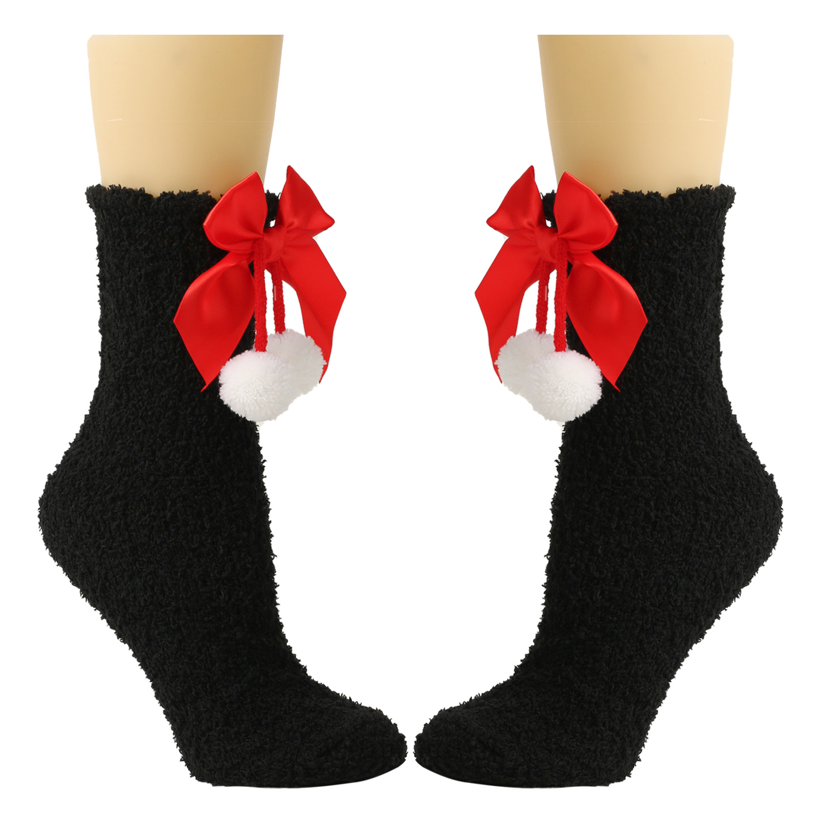 Calzini da donna Calzini spessi e caldi in peluche Calzini in pile corallo con fiocco Calzini a tubo medio autunnali e invernali Calzini con fiocco_voghion.com